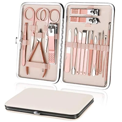 Afbeelding van URAQT Professionele Manicure Set, 18 delig Draagbare Nagelknipper Pedicure Set &amp; Wenkbrauw Verzorgingsset, Roestvrij Staal Nagelverzorgingsgereedschap Met Luxe Lederen Etui