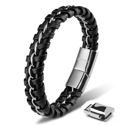 Afbeelding van SERASAR Hoogwaardige leren armband voor heren, magnetische sluiting van roestvrij staal in zwart, zilver en goud, met sieradendoosje, geweldig cadeau idee, Leer, Geen edelsteen