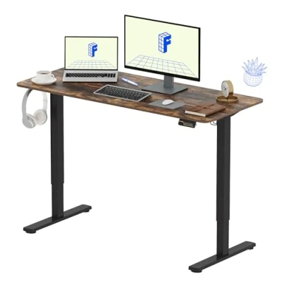 Afbeelding van FLEXISPOT bureau, zittend, staand, 140 x 60 (73 122 cm), elektrisch in hoogte verstelbaar bedieningspaneel met geheugenfuncties, thuiswerkbureau (zwart frame + bruin blad)