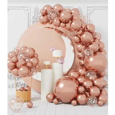Afbeelding van roségouden metallic ballonboog: 100 stuks feestballonnenslinger met confetti en latexballonlinten voor meisjes, verjaardag, bruiloft, vrijgezellenfeest