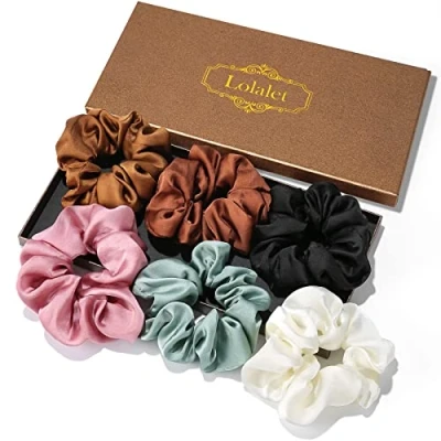 Afbeelding van Lolalet Set van 6 zijden scrunchies voor dames, zacht, elastisch, dames en meisjes, kleuren, bruin, chocolade, lila, groen, wit, zwart