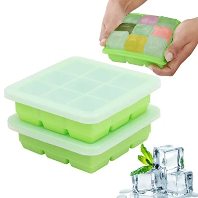 Afbeelding van Belle Vous 2pak Voedsel Kubus Bakjes met Heldere Deksels Voor het Invriezen van Zelfgemaakte Baby Voeding 9x 30ml Kubussen Siliconen, Stapelbaar en Makkelijk Verwijderbaar BPA Vrij