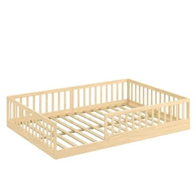 Afbeelding van CADANI Timi Montessori Lit de sol 2 en 1 140 x 200 cm avec protection anti chute amovible, sommier à lattes, bois pin massif, naturel, 3 variantes montage, charge jusqu&#039;à kg, transformable