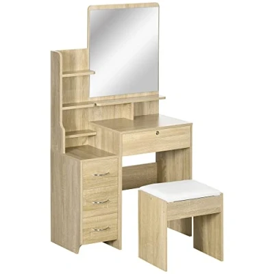 Afbeelding van HOMCOM Make uptafelset met gevoerde kruk, grote spiegel, meerdere open planken + 4 laden, natuurlijk hout