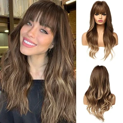 Afbeelding van Esmee 61 cm ombre pruik goudbruin met pony voor vrouwen, synthetische pruiken, lange natuurlijke golvende hittebestendig, dagelijks gebruik, party, cosplay
