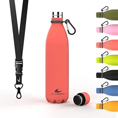 Afbeelding van Daikoku roestvrijstalen fles + verstelbare riem karabijnhaak, dubbelwandige thermosfles, BPA vrij, herbruikbare waterfles, lekvrije dop Koraalrood 750 ml