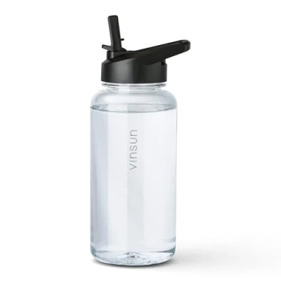 Afbeelding van VINSUN Drinkfles, 1 liter, sportfles met rietjesdeksel, BPA vrij, lekvrij, transparant, licht, voor sport, outdoor, school, fiets, gym