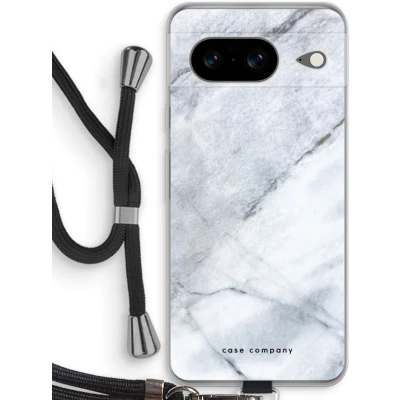 Afbeelding van Case Company® hoesje met Koord geschikt voor Google Pixel 8 Witte marmer Telefoonhoesje Zwart Bescherming aan alle Kanten en Over de Schermrand