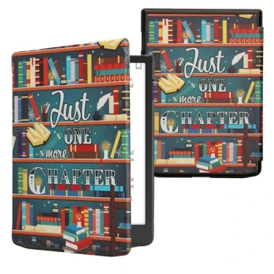 Afbeelding van kwmobile E reader hoesje geschikt voor Pocketbook InkPad Color 3 hoes flip case met magnetische sluiting Ereader cover bibliotheek design in meerkleurig