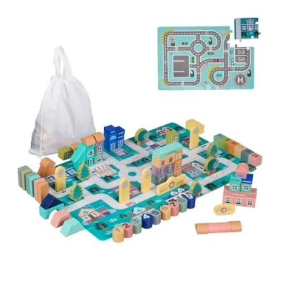 Afbeelding van Relaxdays houten blokken stad dubbelzijdige puzzelmat 113 bouwblokken racebaan
