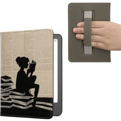 Afbeelding van kwmobile E reader hoesje geschikt voor Amazon Kindle (2022/2024) hoes flip case met magneetsluiting Ereader cover Meisje boeken design in zwart / beige