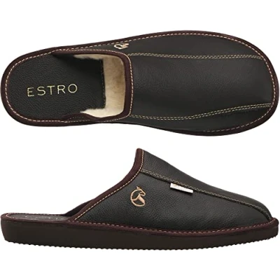 Afbeelding van ESTRO Pantoffels voor heren, pantoffels, leer, wol, onvergetelijke zool, Frost