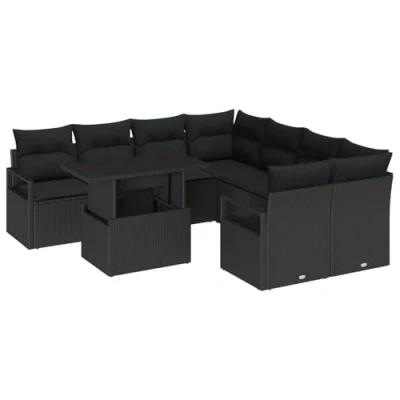Afbeelding van vidaXL 9 delige tuinsofaset met kussens Zwart Poly Rattan