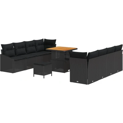 Afbeelding van vidaXL 11 delig Tuinbankstel met Kussens Zwart Poly Rattan Acacia, 2 zits Tuinbank Opbergruimte &amp; Rattan, 3 Tuin Eetset Acacia