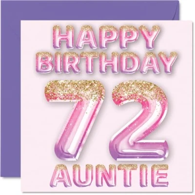 Afbeelding van Verjaardagskaart voor tante 72 jaar, roze en paarse glitterballonnen, verjaardagskaarten jarige van neef nichtje, 145 mm x