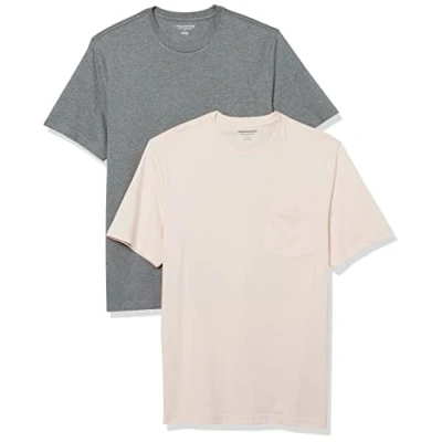 Image de Amazon Essentials Lot de 2 t shirts à manches courtes et col rond pour homme, coupe classique, gris chiné/rose pâle, taille XS