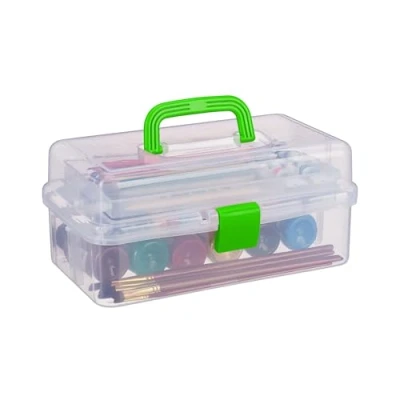 Afbeelding van Relaxdays opbergbox met handvat 9 vakjes naaikoffer transparante gereedschapskist groen
