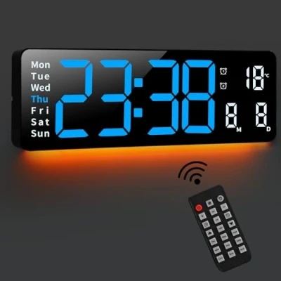 Afbeelding van Fuloon digitale wandklok, 8 kleuren, 16 inch, groot led display, met nachtlampjes, afstandsbediening, countdown, grote dimbare klok datum,