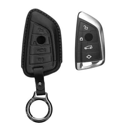 Afbeelding van kwmobile leren autosleutel hoesje geschikt voor BMW 3 knops Smart Key Als sleutelhanger met sleutelring Echt leer in zwart