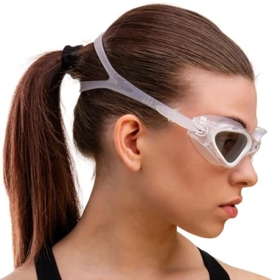 Afbeelding van AqtivAqua Zwembril voor kinderen, volwassenen, vrouwen en mannen, DX H (metallic wit, zilveren etui, getint glas)