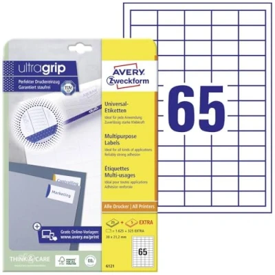 Afbeelding van Avery Zweckform 6121 Universele etiketten 38 x 21.2 mm Papier Wit 1950 stuk(s) Permanent hechtend Inkjet, Laser (zwart/wit), (kleur), Kopiëren