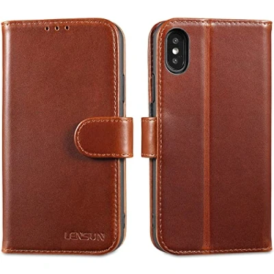 Afbeelding van LENSUN beschermhoes voor iPhone X/iPhone XS, 10, echt leer, portemonnee, RFID blokkering, met kaartvakken en magnetische sluiting X/XS donkerbruin (XS JT DB)