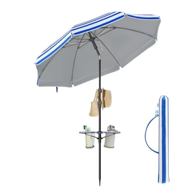 Afbeelding van SONGMICS Parasol 160 cm, strandparasol, zonwering UPF 50+, 30 opvouwbaar aan beide zijden, in hoogte verstelbaar, opbergoppervlak, haak, voor strand, tuin, Blauw Wit GPU0080Q02, +