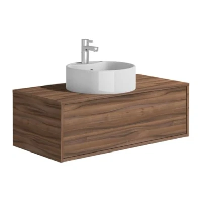 Afbeelding van Vente unique Donker naturelkleurig hangend badkamermeubel met enkele ronde wastafel 94 cm TEANA II L x H 32 D 47