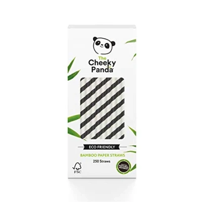 Afbeelding van The Cheeky Panda 250 stuks zwarte strepen papieren rietjes van bamboe, 100% biologisch afbreekbaar, plasticvrij, milieuvriendelijk, sterk en duurzaam