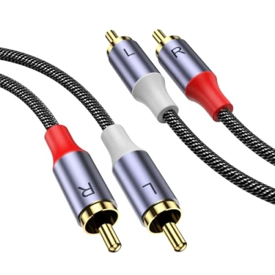 Afbeelding van MOSWAG stereo cinch kabel, stekker naar AUX audiokabel, 2 m subwooferkabel, 24 karaat verguld, nylon gevlochten voor thuisbioscoop, audio, HDTV, autoradio, luidsprekers