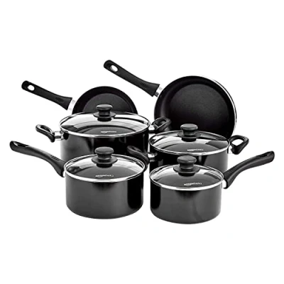 Afbeelding van Amazon Basics Kookgerei set, 6 delig, antiaanbaklaag, met deksel, voor inductiekookplaten