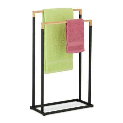 Afbeelding van Relaxdays Handdoekenrek met 2 stangen, vrijstaand, 76 x 45 21,5 cm (h b d), douchehanddoekhouder voor badkamer, ijzer, zwart/naturel