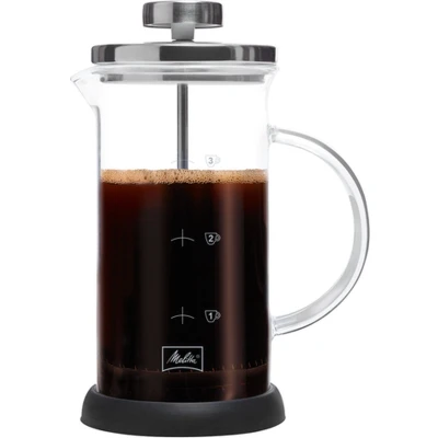 Afbeelding van Melitta French Press, koffiezetapparaat van glas, voor koffie of thee, geschikt magnetron, roestvrij staal, 400 ml (3 kopjes), standaard, staal