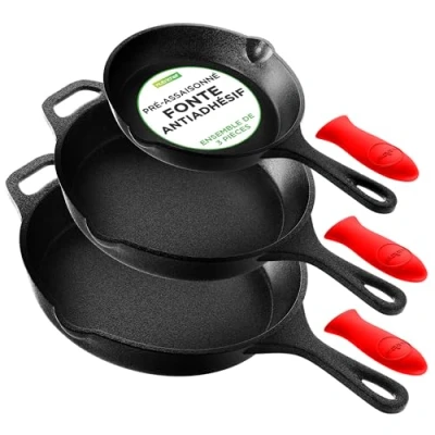 Afbeelding van NutriChef Pannenset, 3 delige Koekenpan Set ,Gietijzeren Antiaanbak Pannen met Druipschenken Siliconen Handgrepen Gietijzeren Skillet Geschikt Voor Alle Kookplaten