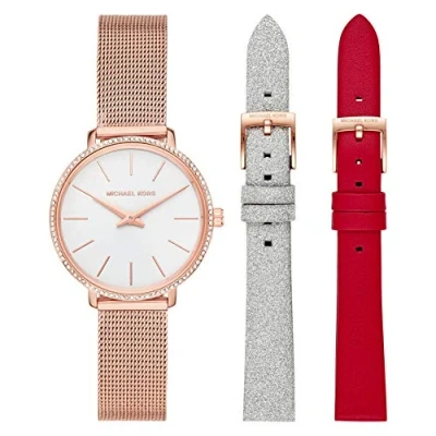Afbeelding van Michael Kors Pyper dameshorloge, driewijzers uurwerk, 38 mm goudkleurige roestvrijstalen behuizing en armband, MK3898, Roségoud wit set, MK4418