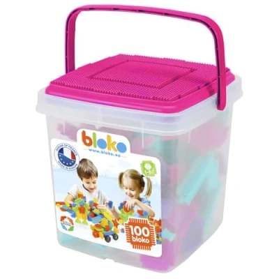 Afbeelding van BLOKO Opbergvat 100 met 1 speelbord (roze) vanaf 12 maanden Made in Europe bouwspeelgoed 1e leeftijd 503584