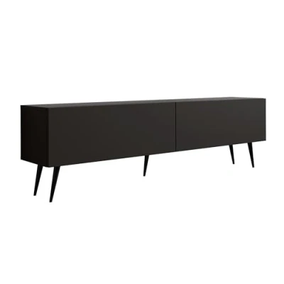 Afbeelding van Meuble TV : deux portes, étagères, Couleur noir mat, pieds noirs D L 170 cm, H 52 P 32 cm