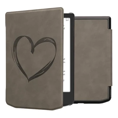 Afbeelding van kwmobile e reader hoesje geschikt voor Pocketbook Verse / Pro Color Vivlio Light HD hoes Ereader flip case met standaard Kunstleren cover Brushed Hart design in grijs
