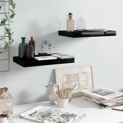 Afbeelding van Wandschappen zwevend 2 st 40x23x3,8 cm MDF hoogglans zwart