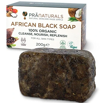 Afbeelding van PraNaturals 100% biologische rauwe Afrikaanse zwarte zeep 200g, ethisch geproduceerd en handgemaakt in Ghana, voor alle huidtypes, ontgiftend anti veroudering Allemaal puur natuurlijk, veganistisch