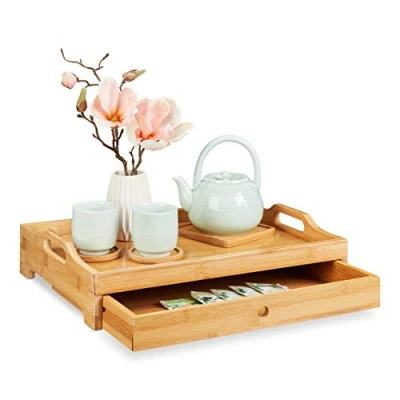 Afbeelding van Relaxdays dienblad met lade bamboe opstaande rand 10 x 43 31 cm natuur