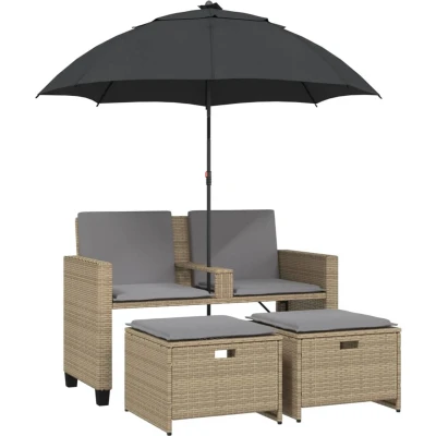 Afbeelding van vidaXL Tuinbank 2 zits met parasol en voetenbanken poly rattan beige