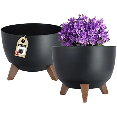 Afbeelding van KADAX Kunststof bloempot met drie inleghouders, ronde bloembak, plantenbak voor balkon, woonkamer (verpakking 2 x 29 cm diameter), zwart