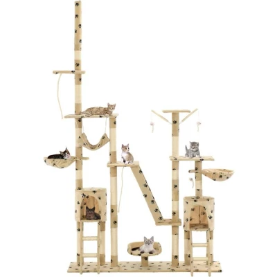 Afbeelding van vidaXL Kattenpaal met sisal krabpalen 230 250 cm pootafdrukken beige