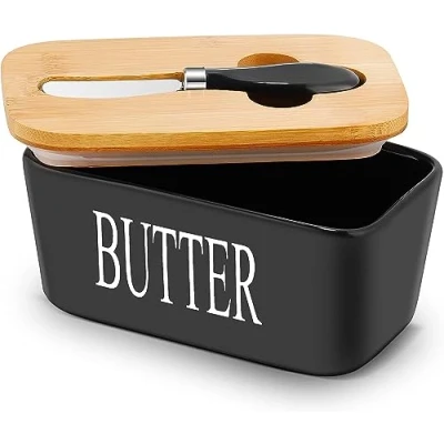 Afbeelding van Webao Keramic Multifunctionele emaille botervloot met houten deksel, hoogwaardige botercontainer siliconen afdichtlip voor 250 g boter, zwart