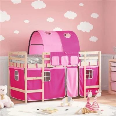 Afbeelding van vidaXL Kinderhoogslaper met tunnel 90x190 cm massief grenenhout roze