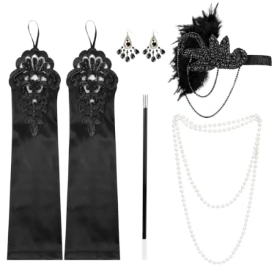Afbeelding van KEWUZY 5 stuks jaren 20 accessoires Charleston dames met flap hoofdband, handschoenen, parelketting, oorbellen voor Halloween, Kerstmis, zwart, één maat, zwart.