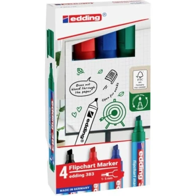 Afbeelding van edding 383 flipover marker zwart/blauw/rood/groen bijtelpunt 1 5 mm geschikt voor flipchart drukt niet door op papier