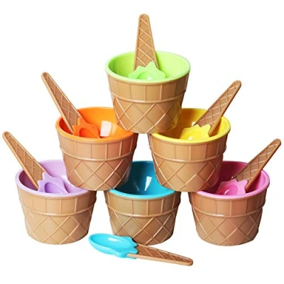Afbeelding van TRIXES Set van 6 dessertkommen en lepels geassorteerde kunststof verschillende kleuren wafelpatroon