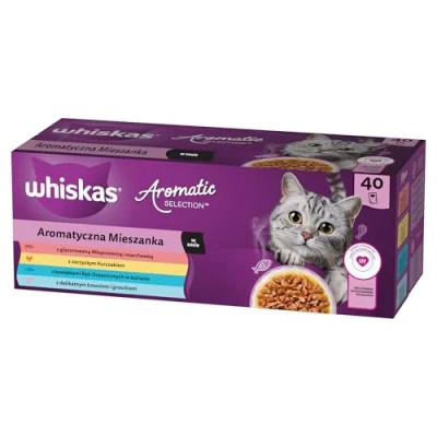 Afbeelding van WHISKAS Aromatic Selection Multipack natvoer voor katten 1+, 40 x 85 g, 4 smaken: varkensvlees, kip, zalm, zeevis in saus